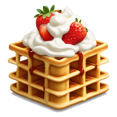 square waffle with dollop of whipped cream and one strawberry on top sticker