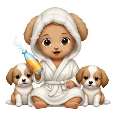 Baby with white fluffy robe and over her eyes and drinking a bottle and sitting next to puppies  sticker