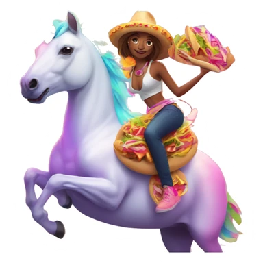 two women eating tacos while riding a unicorn surrounded by a neon heart that’s on fire sticker