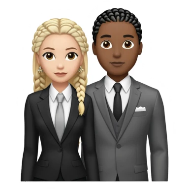Black guy with black  cornrows in a suit with white girl with blonde hair and a fancy dress posing for a fashion show sticker