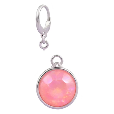 extreme macro of a round cut pink fire opal charm with silver setting and silver jump ring, glossy and iridescent finish sticker