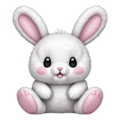 a fluffy toy teddy with a light pink colored shell and ears and a white face and rabbit feet, with a cute black closed eyes and mouth sticker
