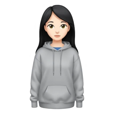 full-body female avatar, flat vector, long black hair, oversized sweatshirt, neutral background sticker