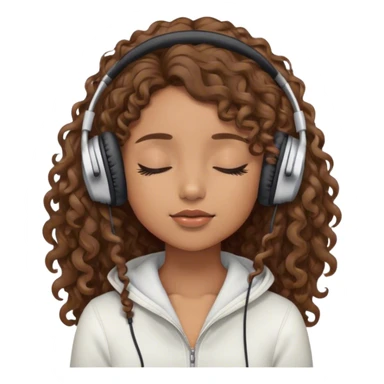 Light brown skin girl, long curly brown flat hair, eyes closed, headphones on listing to music sticker