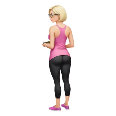 View from knees up, view from the back, fair skinned woman, curvy, short blond hair, small reading glasses, cooking dinner in kitchen, pink loose tank top, showing natural B cup breast shape SFW, black yoga pants, large curvy booty sticker