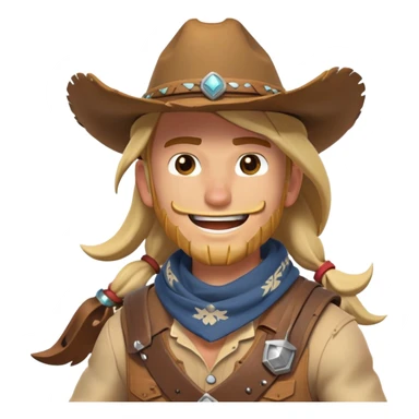 clash-of-clans-aesthetic_-cinematic-playful-cowboy-portrait-emoji, head-tilted with a roguish, cheeky grin and twinkling eyes, featuring a rugged, spirited build with a wide-brimmed cowboy hat and a weathered bandana on tan skin, riding a powerful galloping horse with dynamic flowing mane, reins gripped firmly in one hand and a lasso in the other, as dust swirls behind them in a vast desert landscape. sticker