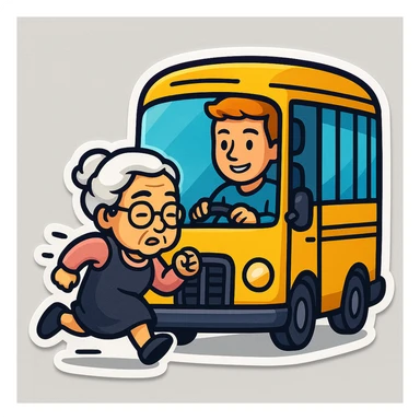 Make it **Sticker style**: old lady should run to reach the bus, the driver is man under 30 with orange hair sticker