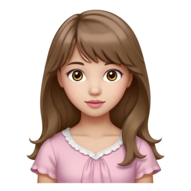 A teenage cute girl with very light olive skin and soft pinkish cheeks. Large bambie dark hazel eyes. Long wavy light brown hair with soft bangs. Features are very feminine and beautiful. medium straight nose with a soft tip. Medium natural pink lips. Wearing a simple dress in pink and white.  sticker