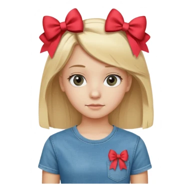 14 years old girl, with blonde hair, grey eyes. Wearing t-shirt and jeans. Wearing a bow sticker
