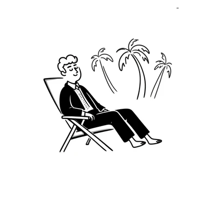 hand-drawn blonde man in business suit sitting on beach chair with palm trees, on vacation sticker