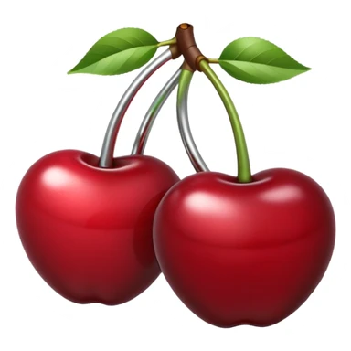 A pair of cherries emoji made of polished silver chrome, smooth rounded shapes, glossy metallic finish, soft highlights and reflections, cute proportions, iOS emoji style, centered, clean white background, no text sticker
