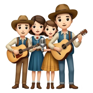 Icon for Country Music: The Carter Family—Alvin, Ezra, Sara, and Maybelle Carter—grouped together with a vintage microphone, acoustic guitars, and Appalachian folk aesthetics. A warm, nostalgic atmosphere represents their influence on country music. Transparent background. sticker