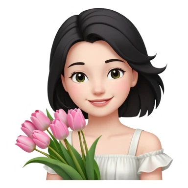  A girl Squint your eyes and smile with a black half-up half-down hairstyle, and a white dress, enjoying the spring breeze.Holding a bundle of pink tulips sticker