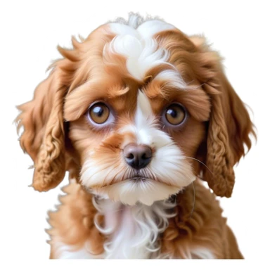 Cinematic Meme-Worthy Grumpy Apricot Cavoodle Portrait Emoji, Head held high but eyes filled with dramatic disappointment, smooth, curly apricot fur with striking white patches, deeply furrowed brow forming an unmistakable scowl, floppy ears slightly angled back in disapproval, piercing brown eyes glaring with pure exasperation, Simplified yet hilariously over-exaggerated features, highly detailed, glowing with an aura of supreme annoyance, high shine, exhausted yet judgmental, stylized with an almost regal pettiness, bright but brooding, soft glowing outline, capturing the essence of a companion that has seen it all and is thoroughly unimpressed, so meme-worthy it feels like it could instantly become the next viral sensation of grumpiness! sticker