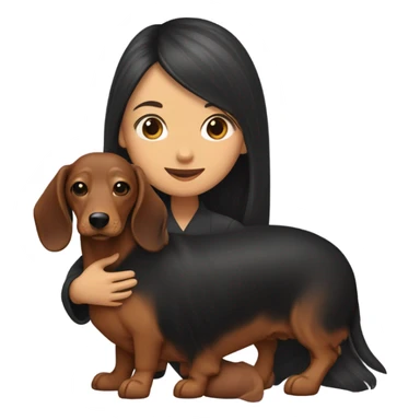 an Asian girl with long hair, hugging a black and tan long haired dachshund with a branch in its mouth sticker
