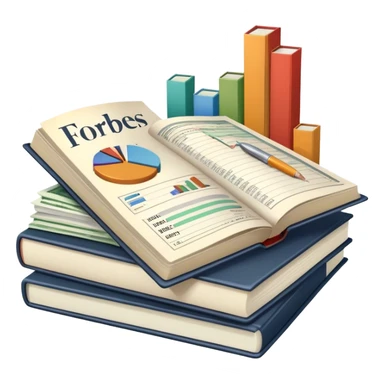 Icon for Business Reading: an open book with graphs, numbers, percentages, formulas, and text on the pages, next to a stack of books, a pile of dollars, a calculator and business magazines like Forbes. Transparent background. sticker