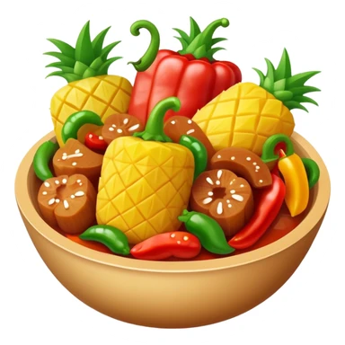 Sweet and Sour Pork with pineapple and bell peppers, simplified emoji style with bold outlines and bright colors, cartoon style Gu Lao Rou popular dish sticker