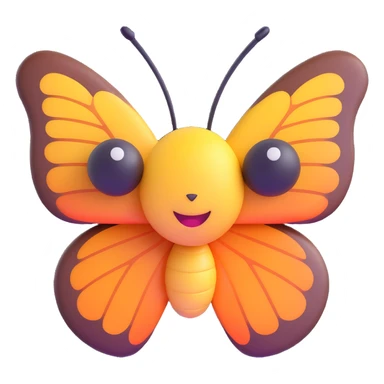 a butterfly in 3D emoji style, smooth and shiny with a cute face sticker