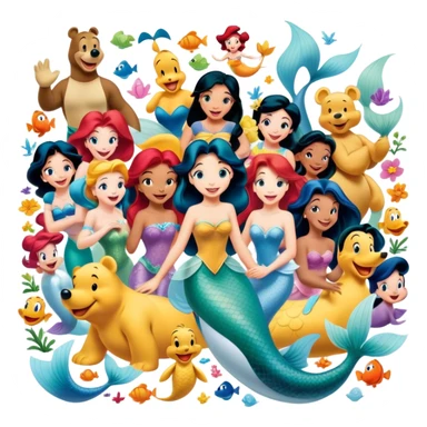 Icon for Animated Characters: A colorful, large-scale collage of beloved cartoon characters, including Goofy, Mickey Mouse, Winnie-the-Pooh, Ariel the Little Mermaid, Jasmine, and others. Bright and vibrant, full of whimsical charm. Transparent background. sticker