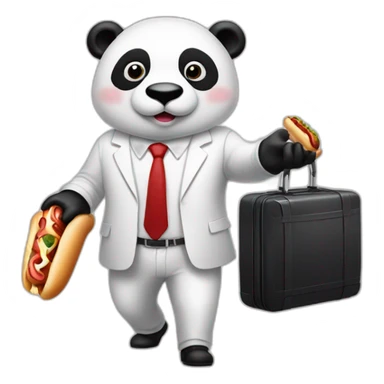 A man with white suit and red tie and a panda face eating a hotdog and holding a black suitcase sticker
