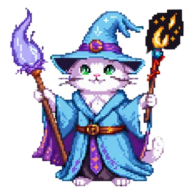 A cat wizard casting a spell with magical staff and flowing robes sticker