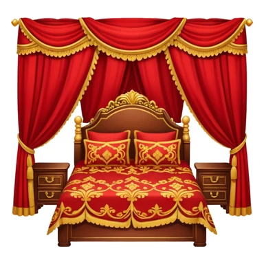 bed with red and gold sheets, wooden, red courtains sticker