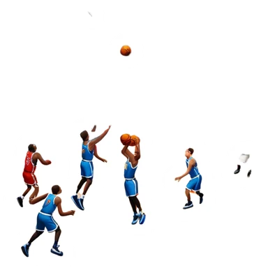 An icon showing a basketball court with players in action, inspired by NBA 2K25. A player jumps for a dunk, the ball mid-air, with the court’s floor and surrounding basketball arena visible. Bright lights highlight the excitement of the game. Transparent background. sticker