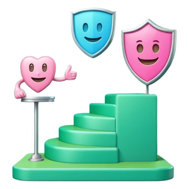 Minimalist 3D emoji-style podium with 2 steps on a green chroma key background. Step 1 (higher) features a handshake icon with blue neon glow. Step 2 (lower) features a smiling tooth with a shield icon and pink neon glow. Clean rendering, soft colors, uniform lighting. sticker