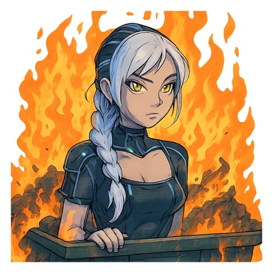 she is poking out from a garbage dumpster, fire, garbage fire, everything is on fire, a closeup portrait of young woman with gold yellow eyes, white hair, long braid, black off-shoulder top d-cup, punk gothic style, futuristic cyberwave cyberpunk, sticker