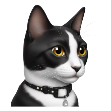 Black and white cat wearing a collar with the name Rue sticker