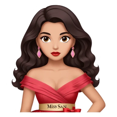 A woman with canela-toned skin, dark voluminous hair in waves, expressive eyes with soft lashes and shimmer, full lips with a glossy nude-pink color, wearing a red dress and a white sash with “Miss San Juan” in black letters, exuding elegance and confidence sticker