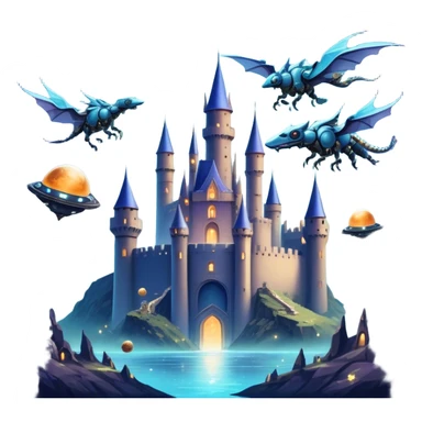 Icon for Fantasy and Sci-Fi Movies: A magical collage with flying dragons. futuristic spaceships and UFOs. Stars and planets shimmer in the background with a mystical castle Hogvards an ancient wizard and robots. The atmosphere is epic, otherworldly and adventurous. Transparent background. sticker