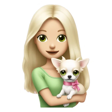 pale blond girl with long platinum hair with green eyes holding a white chihuahua puppy that wearing a pink bow sticker
