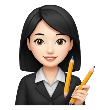 a korean cosmetics marketing expert women with black hair, holding pencil and phone sticker
