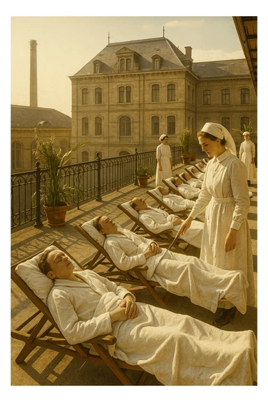 A realistic, historical cinematic illustration of a hospital rooftop solarium from the early 1900s, with patients in white robes and blankets lying on lounge chairs under the sun, receiving heliotherapy. Nurses in classic white uniforms and caps assist quietly, while the warm sunlight bathes the scene. The architecture is vintage, with iron railings, potted plants, and the backdrop of an old European hospital building. The atmosphere is calm and healing, showing patients with tuberculosis, rickets, and malnutrition benefiting from the sun’s rays to stimulate vitamin D production. The color palette is warm, with soft yellows and gentle sunlight, evoking a sense of hope and natural healing, reminiscent of historical black-and-white photographs with subtle colorization for realism sticker