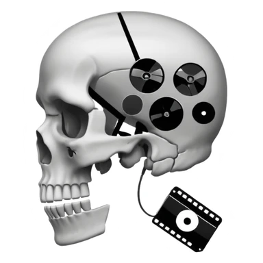 Minimalist emoji-style sticker of a human skull in profile, with a film reel replacing the brain. Grayscale icon with bold silhouette.
 sticker