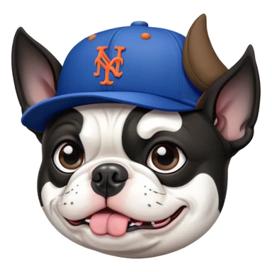 Boston terrier wearing a New York Mets hat sticker