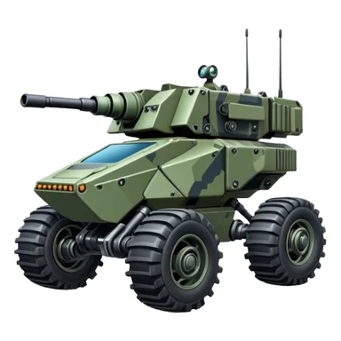 a roomy 4-wheel armored stealth camouflage army massive mech trail vehicle shooting forward side-hill leaning actively independent suspended pod gimbal enemy mech off-road racing rover with large fast engine  sticker