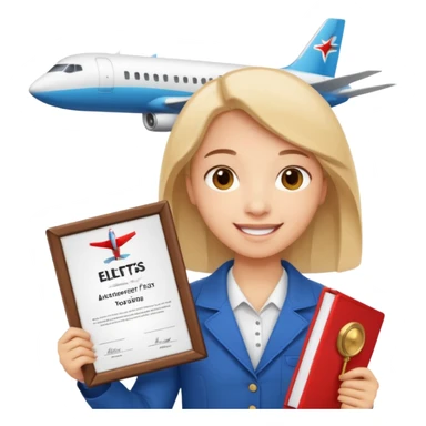 emoji student happy holding certificate IELTS 7.0, success, airplane, white background sticker