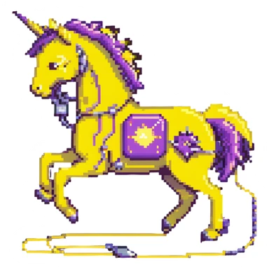 A yellow electric horse in pixel art style, made of electricity and lightning, with visible yellow wires, bolts shooting from its body as it runs. sticker