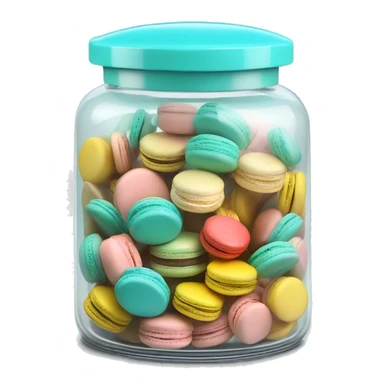 Realistic isolated glass cookie jar with tiffany blue lid and filled with colorful macarons inside of it. sticker