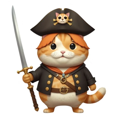 Anthropomorphic, cute fat cat pirate, dynamic, Q version proportions, form by Jon Klassen and Nicola Kinnea full body, rich details 8k, isolated on white background sticker