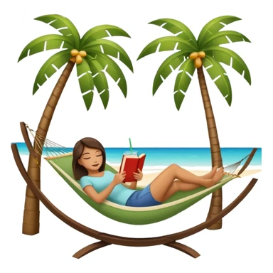 woman lying on a hammock between two palm trees, holding a book in one hand and a fresh drink next to her, symbol of relaxation, isolated on white background sticker