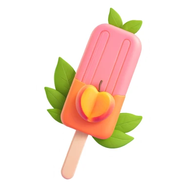 A peach-flavored popsicle with two peaches and green leaves inside, on a stick. The popsicle is light pink with a darker pink outline. sticker