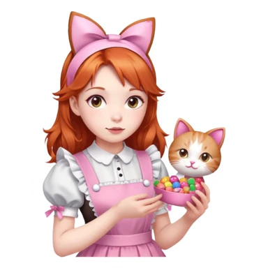A girl maid with ginger hair, pale skin and dark brown eyes, her colour is pink (dress and more), have candies and ribbons in the hair, cat ears too sticker