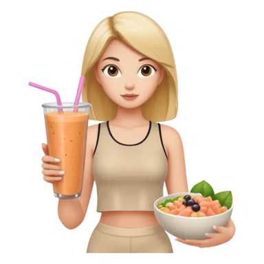 a young woman in a beige top and leggings and white sneakers with a passion fruit smoothie in one hand and a salmon poke bowl in the other hand sticker
