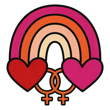 Make the rainbow with hearts more explicitly lesbian by using the lesbian pride flag colors and adding double venus or interlocked female symbols. Keep it bright and cheerful, no text, with no background. sticker