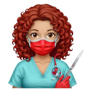 Lilith symbol seductress evil surgeon. curly, long hair. brown hair. Red surgical mask and hair covering. She works for cartel and kills  with a scalpel. sticker