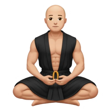 fullbody jacked bald guy, sleeveless and unbuttoned in black robe sitting hands on knees sticker