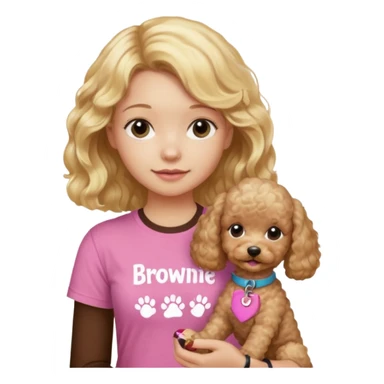 hazme un emoji que sea una niña rubi con el pelo ondulado i una camiseta rosa que ponga brownie, i acariciando a un perro (caniche toy) sticker